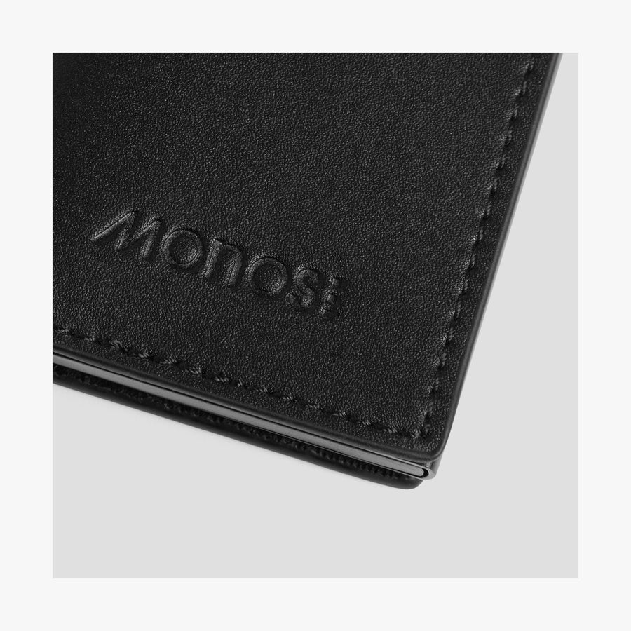 Carbon Black / Black | Monos logo view of Slim Wallet Pro in Carbon Black / Black