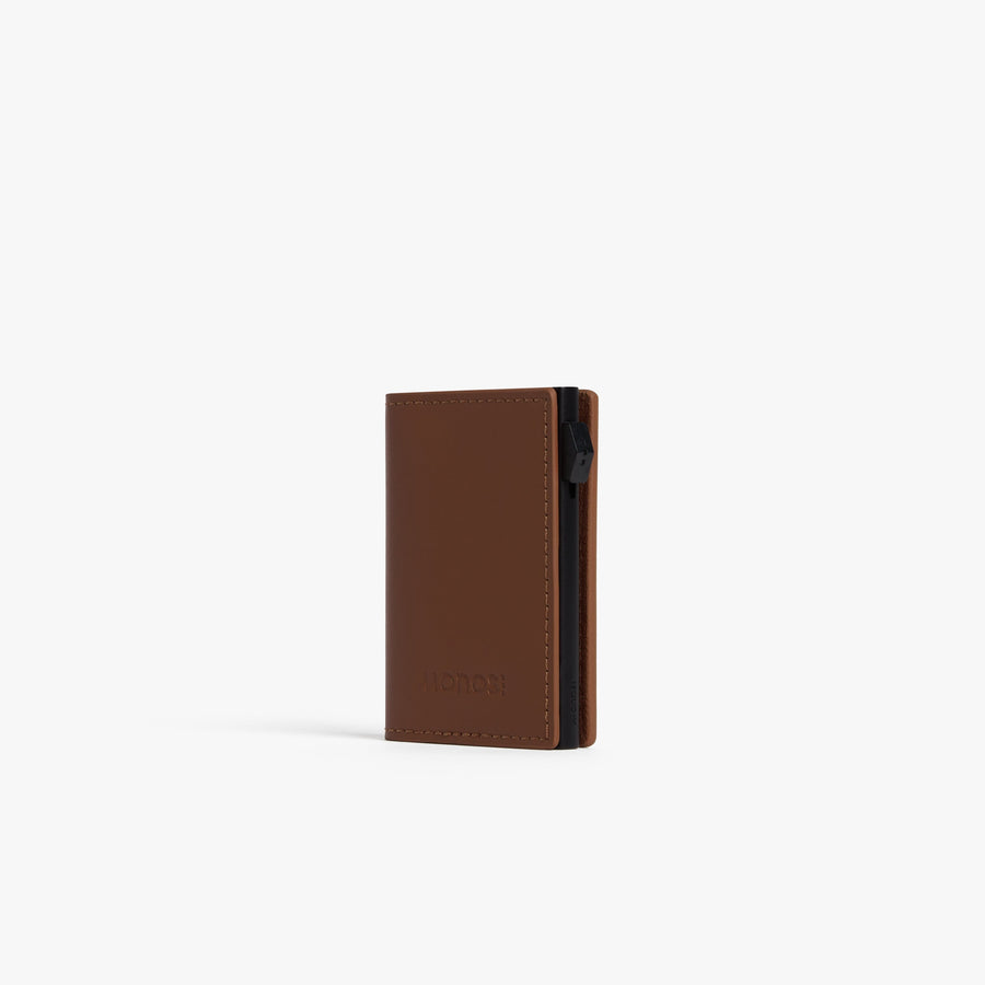 Mahogany / Black | Angled view of Slim Wallet Pro with cards in Mahogany / Black