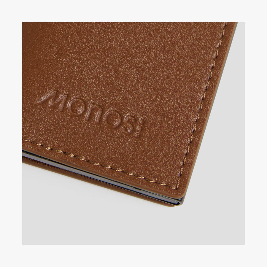 Mahogany / Black | Monos logo view of Slim Wallet Pro with cards in Mahogany / Black