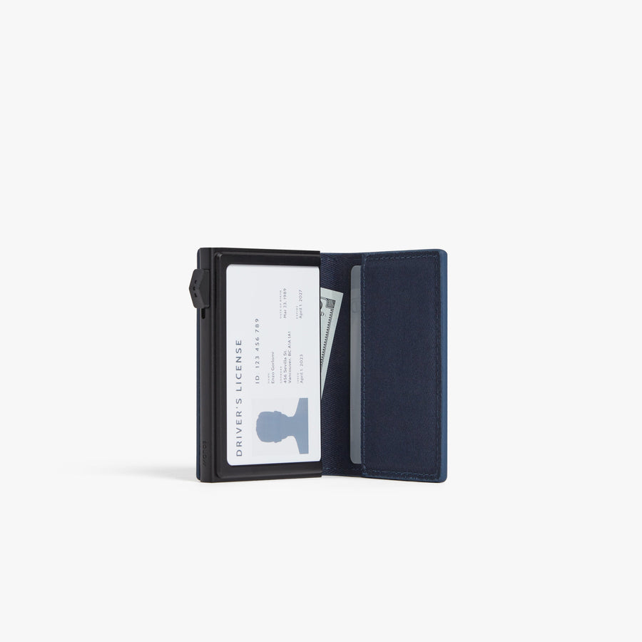 Oxford Blue / Black | Open view of Slim Wallet Pro in Oxford Blue / Black