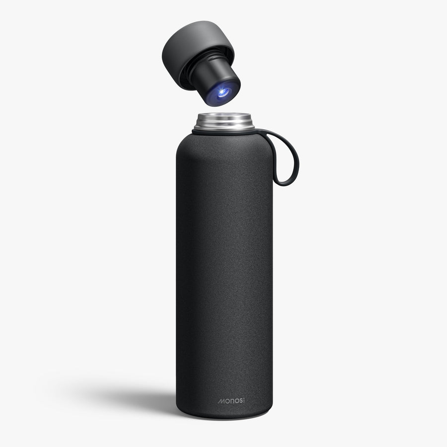 750 mL / Carbon Black | View of UVC light and lid of 750 mL Kiyo UVC Bottle in Carbon Black